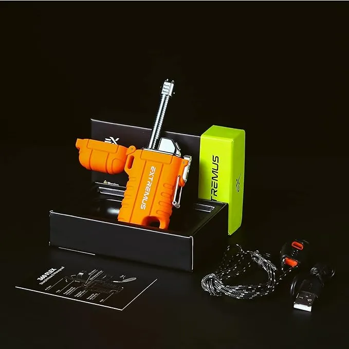 Extremus Blaze 360 Rechargeable Electric Lighters, Dual Arc Lighter, Windproof Plasma Lighter, Waterproof Lighter, Flameless Lighter with Whistle Lanyard for Camping (Orange Flex)