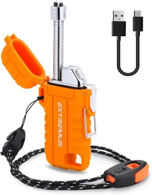 Extremus Blaze 360 Rechargeable Electric Lighters, Dual Arc Lighter, Windproof Plasma Lighter, Waterproof Lighter, Flameless Lighter with Whistle Lanyard for Camping (Orange Flex)