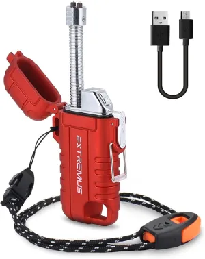 Extremus Blaze 360 Rechargeable Electric Lighters, Dual Arc Lighter, Windproof Plasma Lighter, Waterproof Lighter, Flameless Lighter with Whistle Lanyard for Camping (Red Flex)