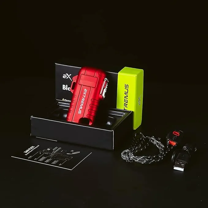 Extremus Blaze 360 Rechargeable Electric Lighters, Dual Arc Lighter, Windproof Plasma Lighter, Waterproof Lighter, Flameless Lighter with Whistle Lanyard for Camping (Red Flex)