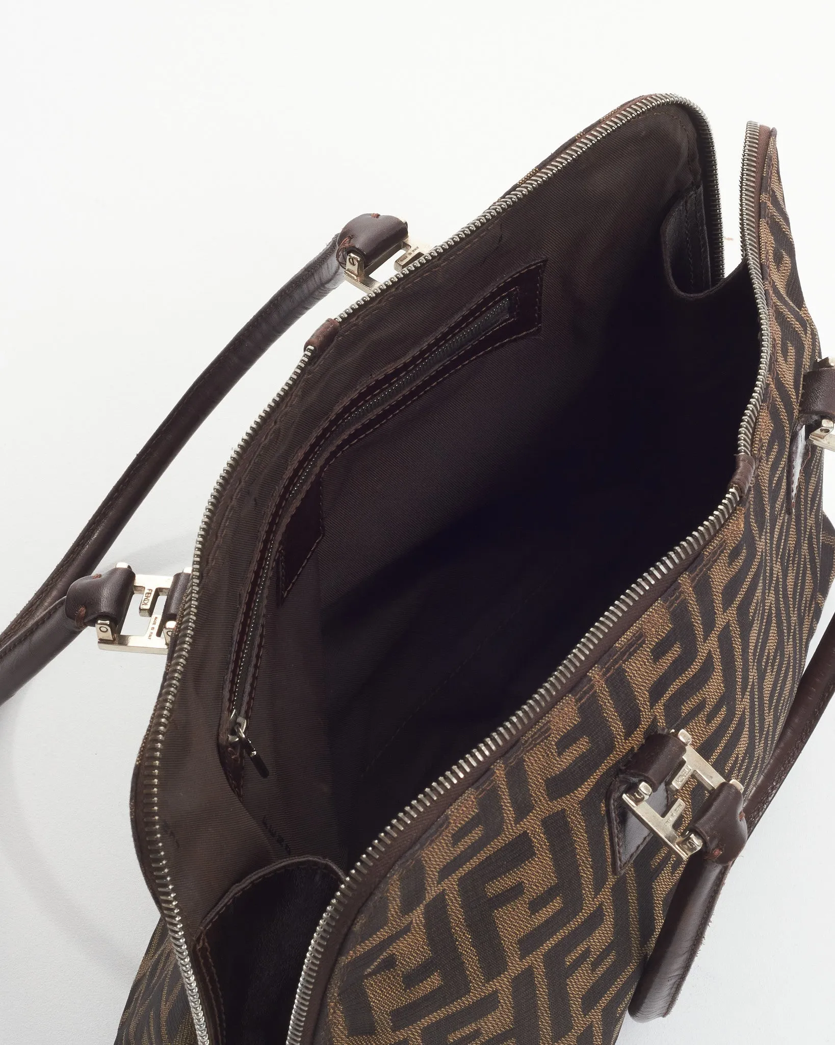 Fendi Brown Zucca Tobacco Canvas Double Zip Top Handle Tote