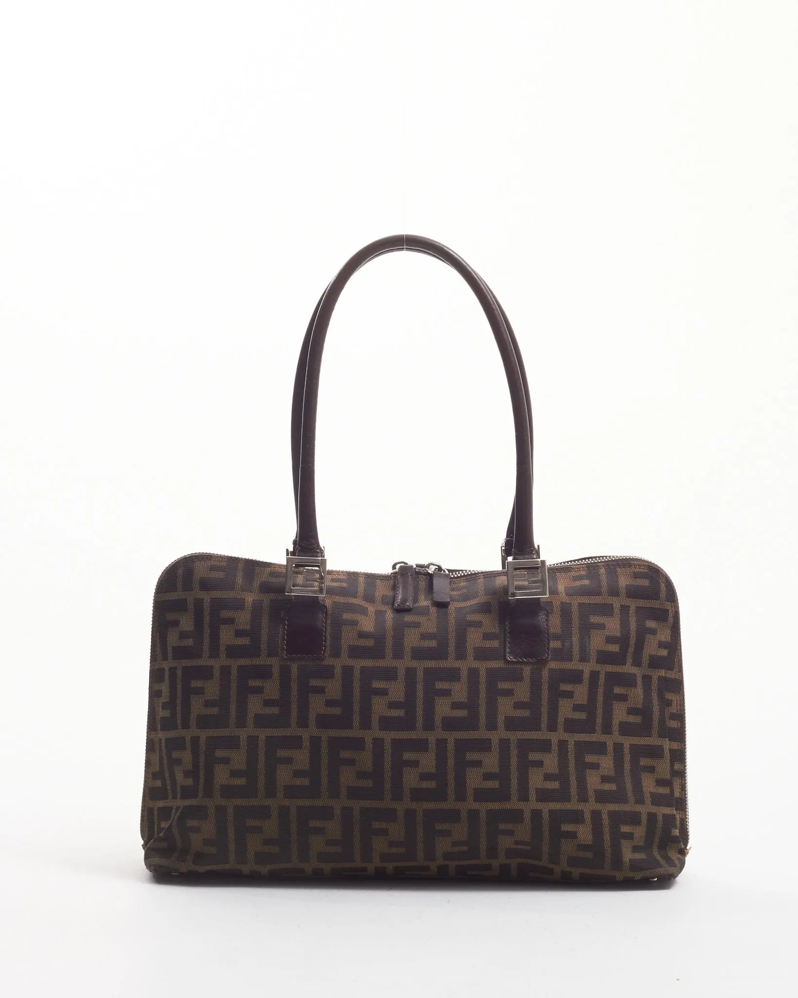 Fendi Brown Zucca Tobacco Canvas Double Zip Top Handle Tote