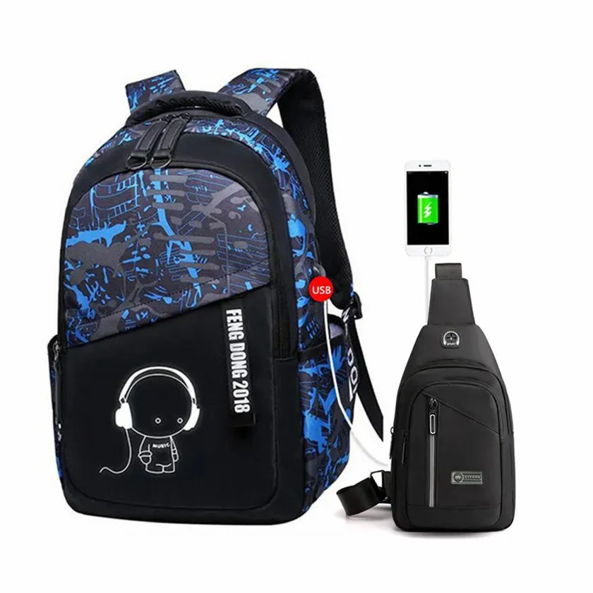 Fengdong boys school bags waterproof large backpack for teenagers bagpack high school backpack for boy student chest bag set