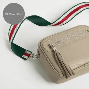 Florence Crossbody Bag in Beige with Green Stripe Strap