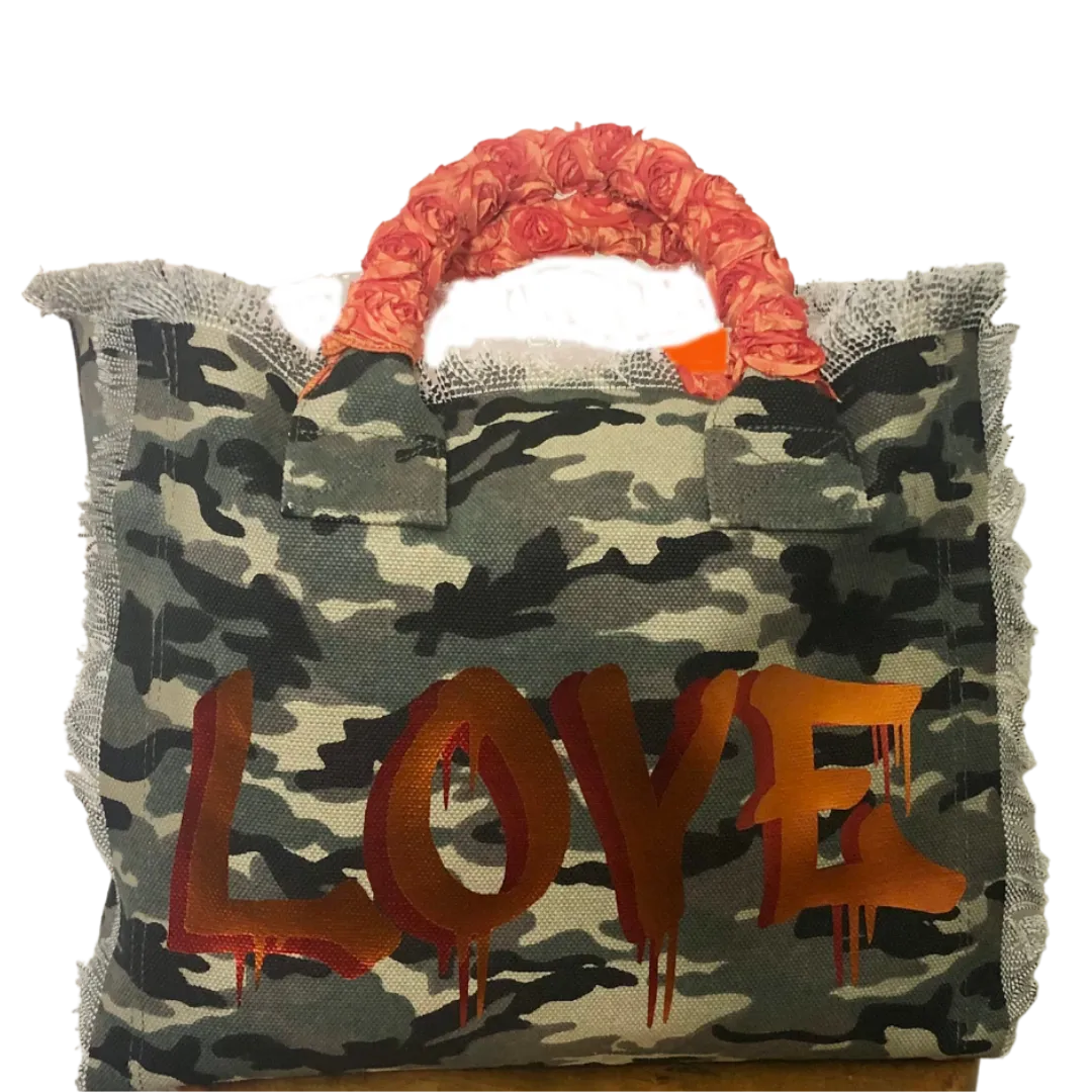 Fringe Camo LOVE Tote - Orange Roses