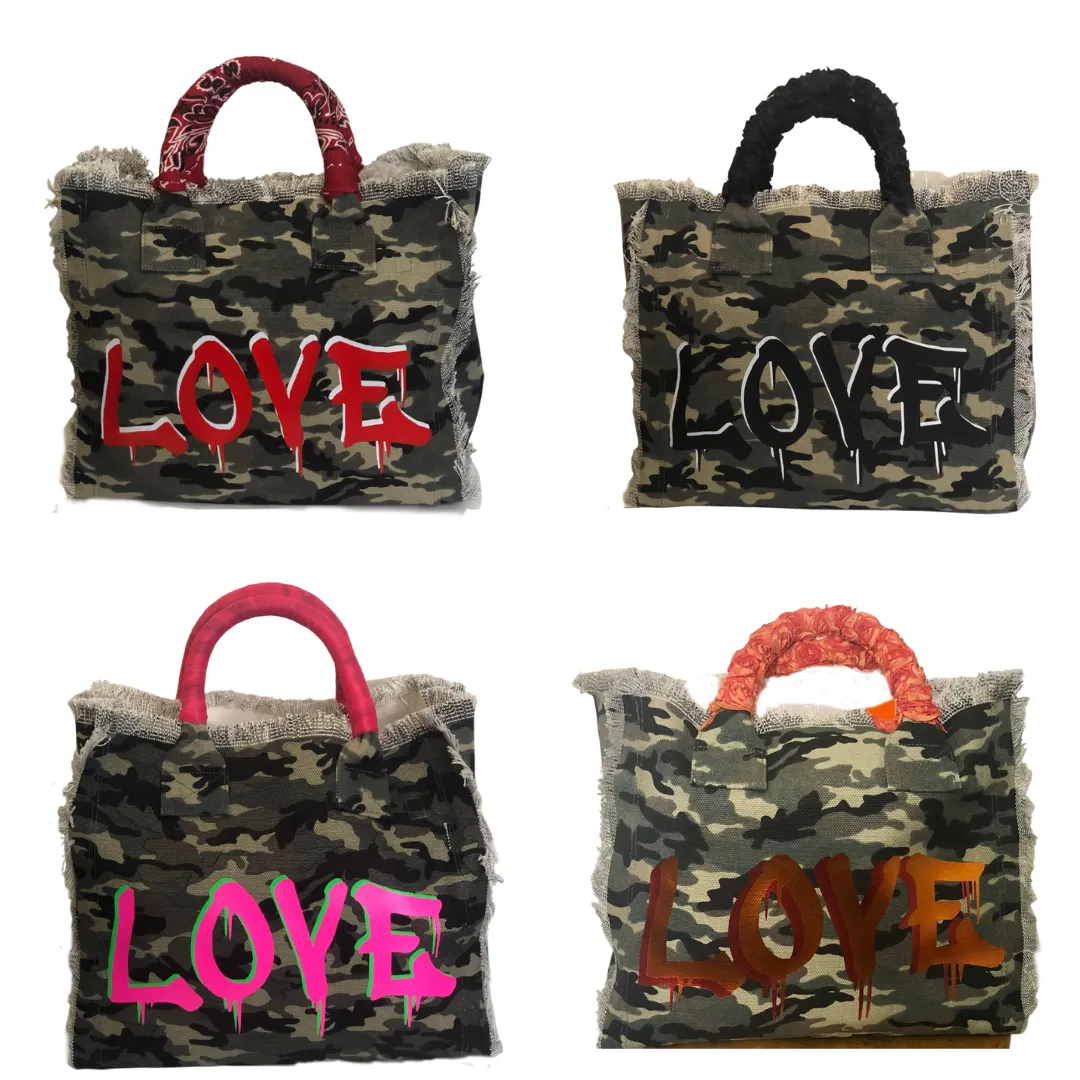 Fringe Camo LOVE Tote - Orange Roses