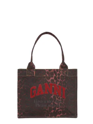 Ganni Red Leopard Print Canvas Tote Bag