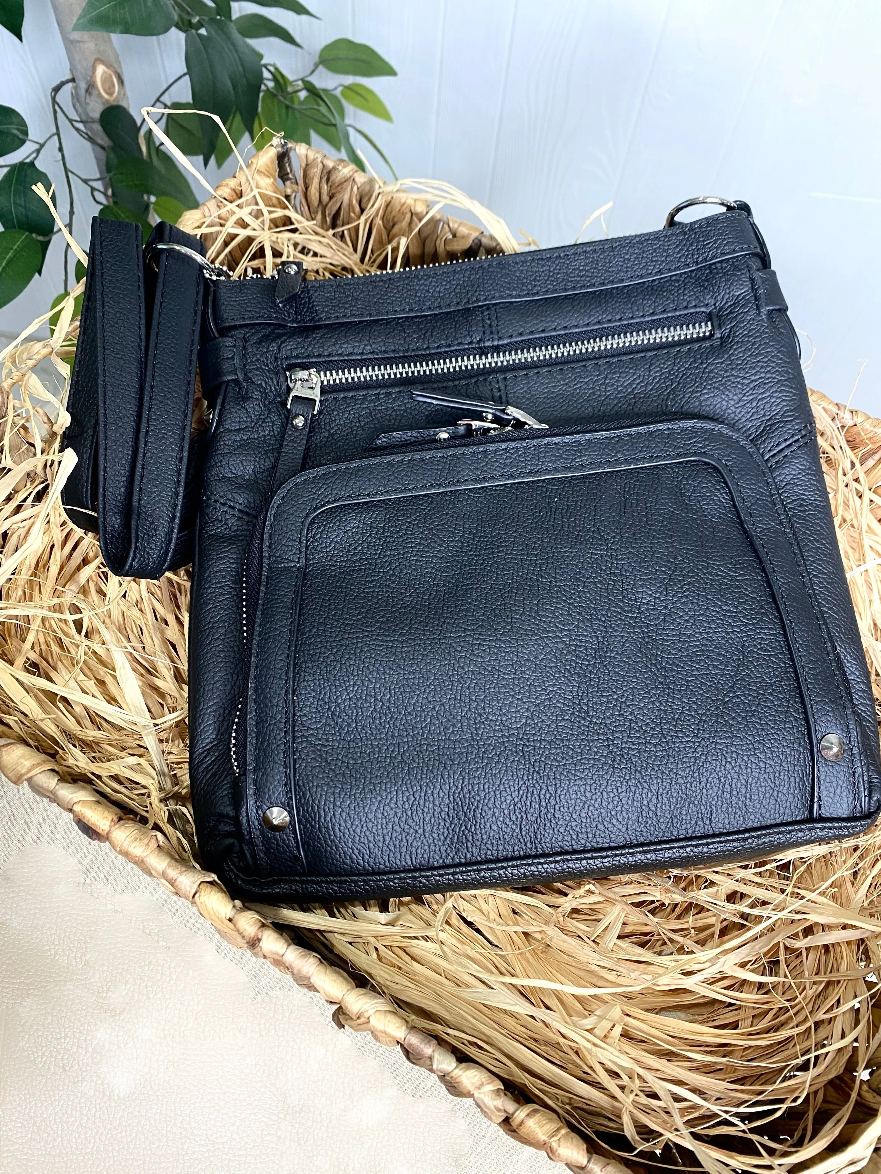 Genuine Leather Pockets Crossbody - Black