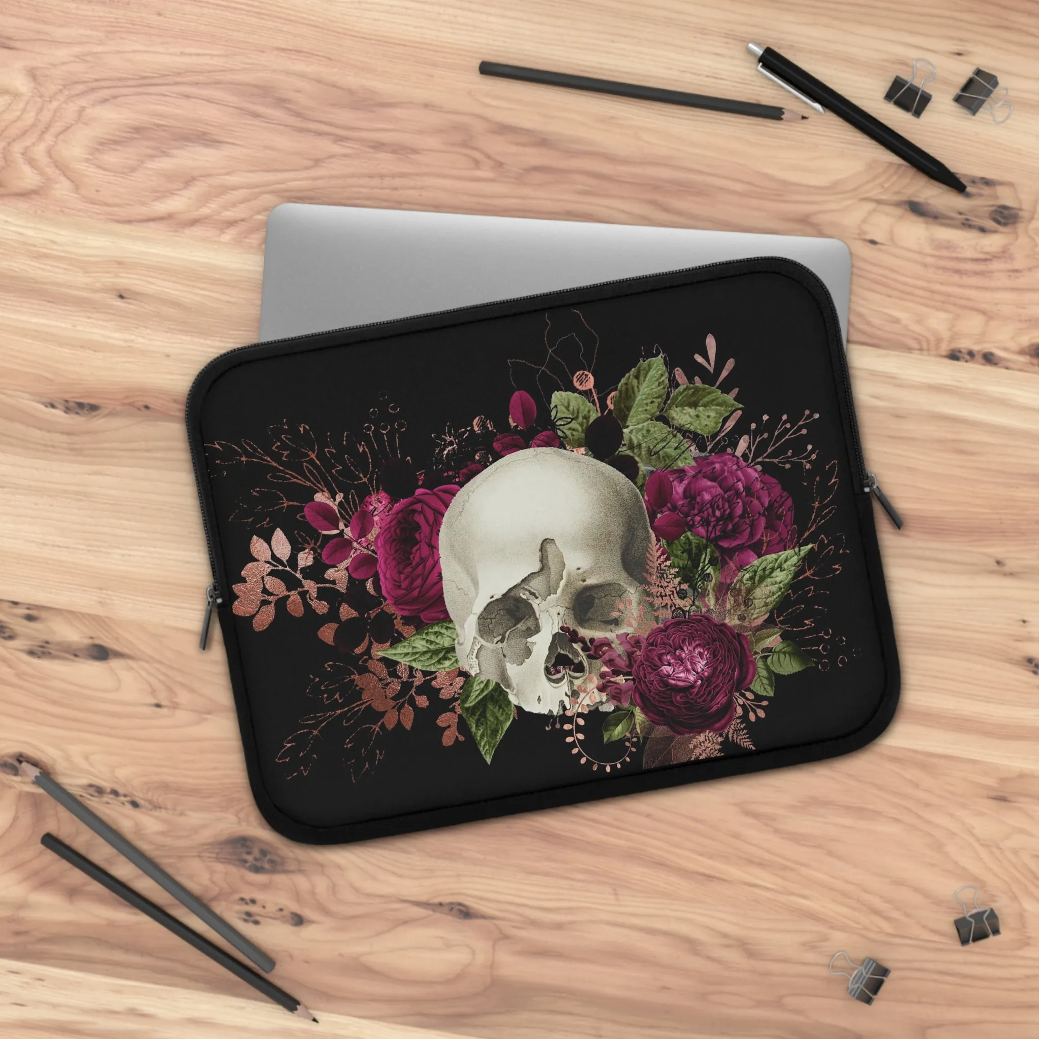 Gothic Skull and Violet Flowers Laptop Case, laptop sleeve, ipad tablet padded cover travel case