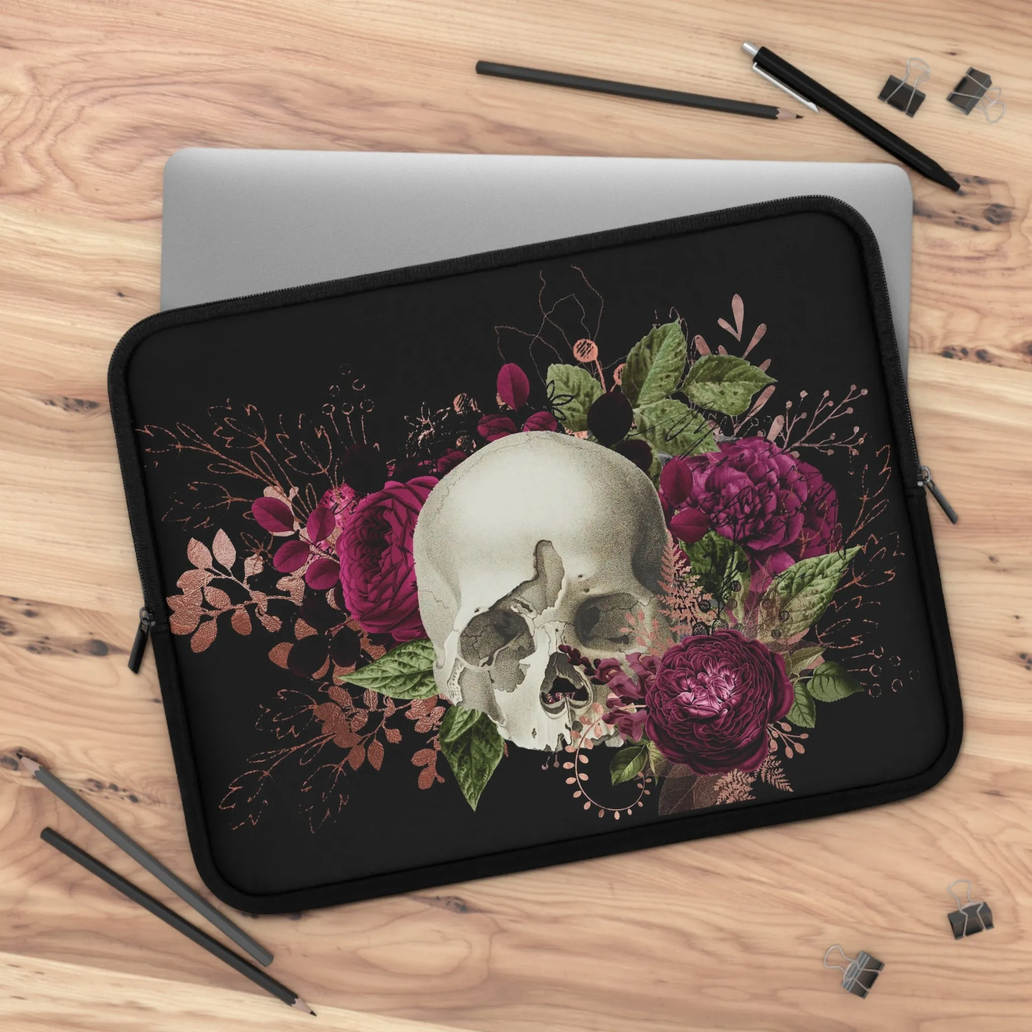 Gothic Skull and Violet Flowers Laptop Case, laptop sleeve, ipad tablet padded cover travel case