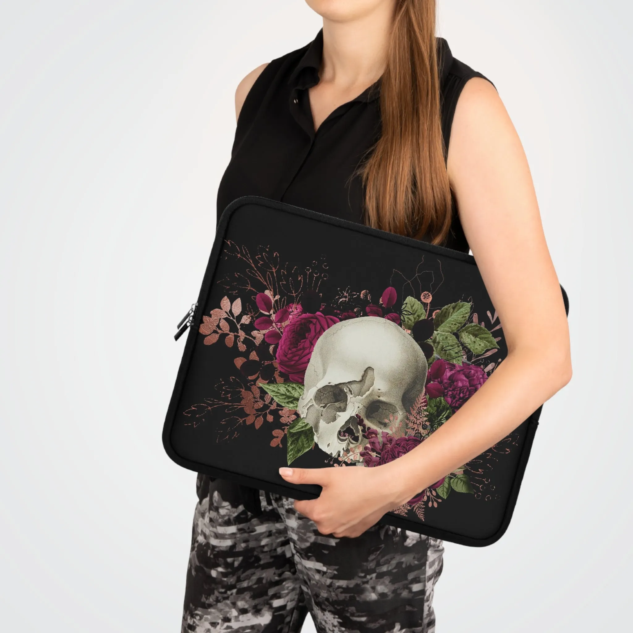 Gothic Skull and Violet Flowers Laptop Case, laptop sleeve, ipad tablet padded cover travel case