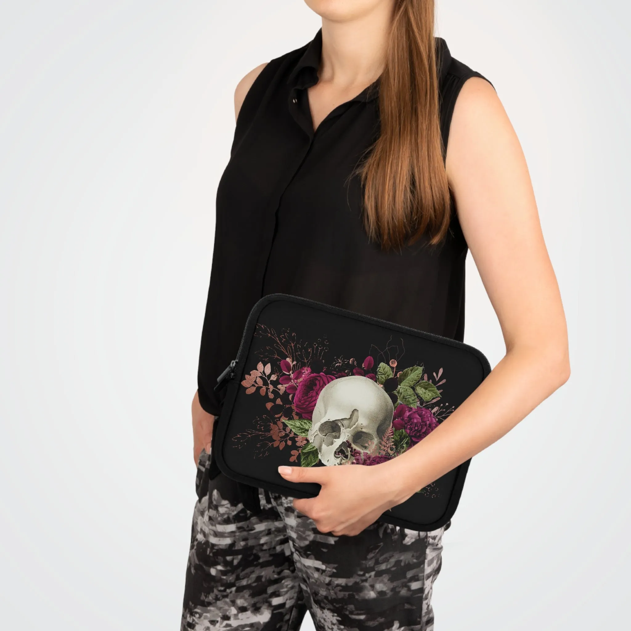 Gothic Skull and Violet Flowers Laptop Case, laptop sleeve, ipad tablet padded cover travel case