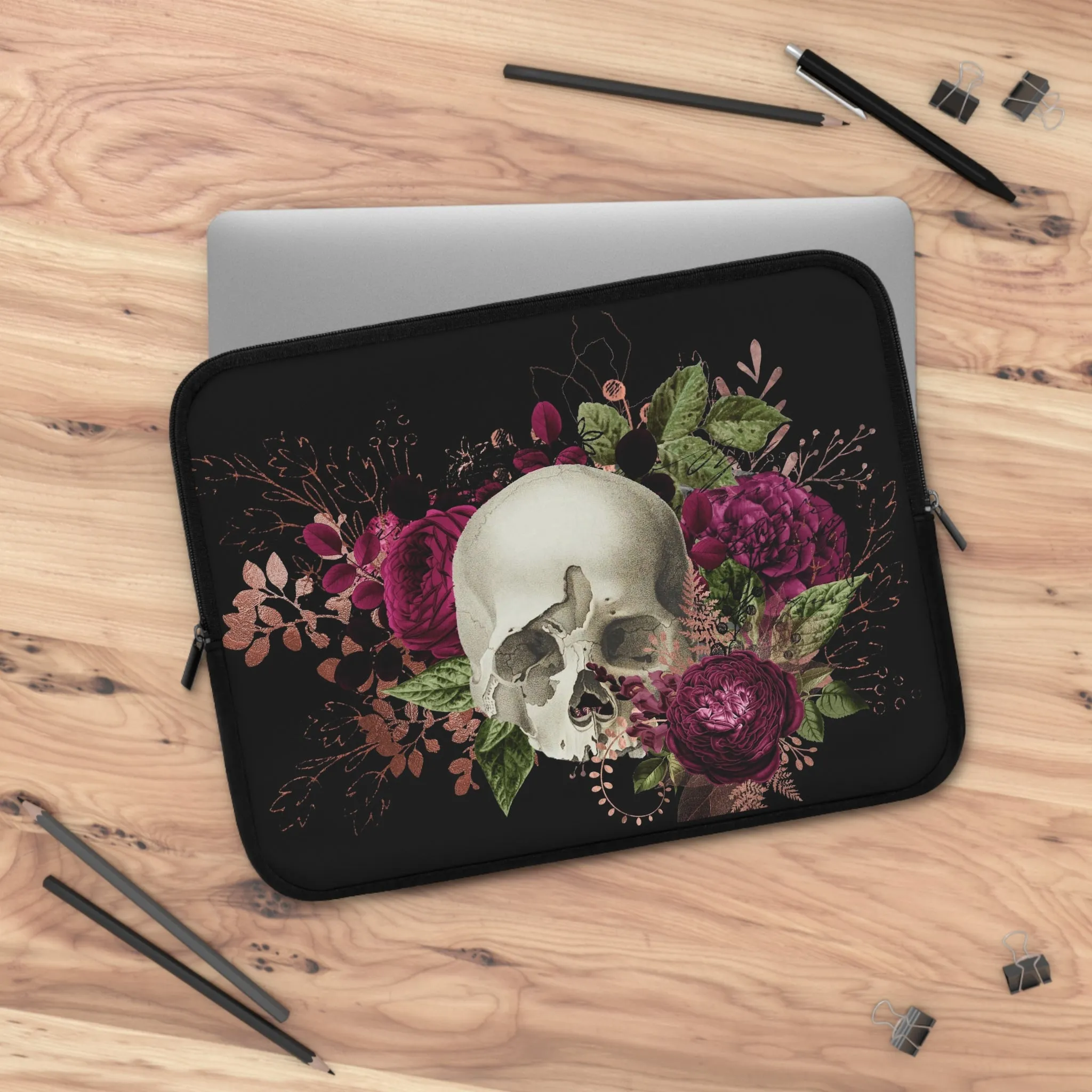 Gothic Skull and Violet Flowers Laptop Case, laptop sleeve, ipad tablet padded cover travel case