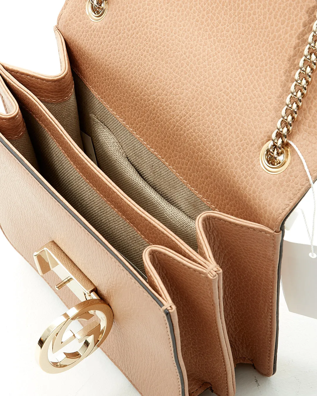 Gucci Beige Pebbled Leather Interlocking GG Chain Crossbody Bag