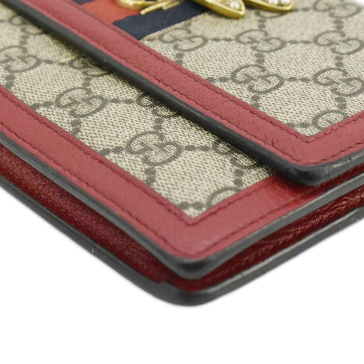 GUCCI Web Queen Margaret Mini GG Supreme Canvas Chain Wallet Beige 476079