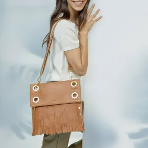 Hammitt Montana Saddle Brown Zip Suede Gold Reverse Leather Bag Handbag Purse NW