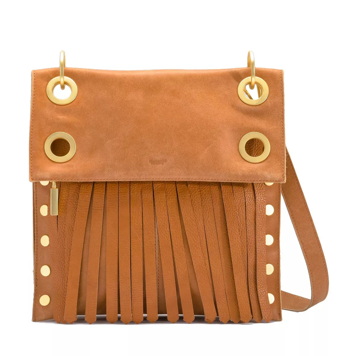 Hammitt Montana Saddle Brown Zip Suede Gold Reverse Leather Bag Handbag Purse NW