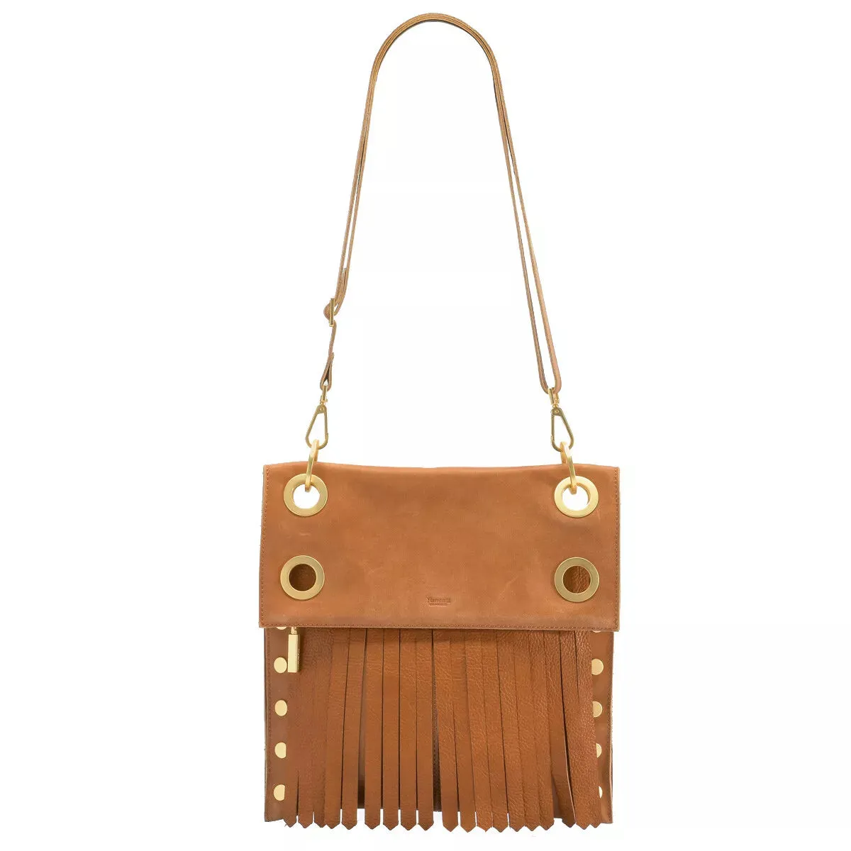 Hammitt Montana Saddle Brown Zip Suede Gold Reverse Leather Bag Handbag Purse NW