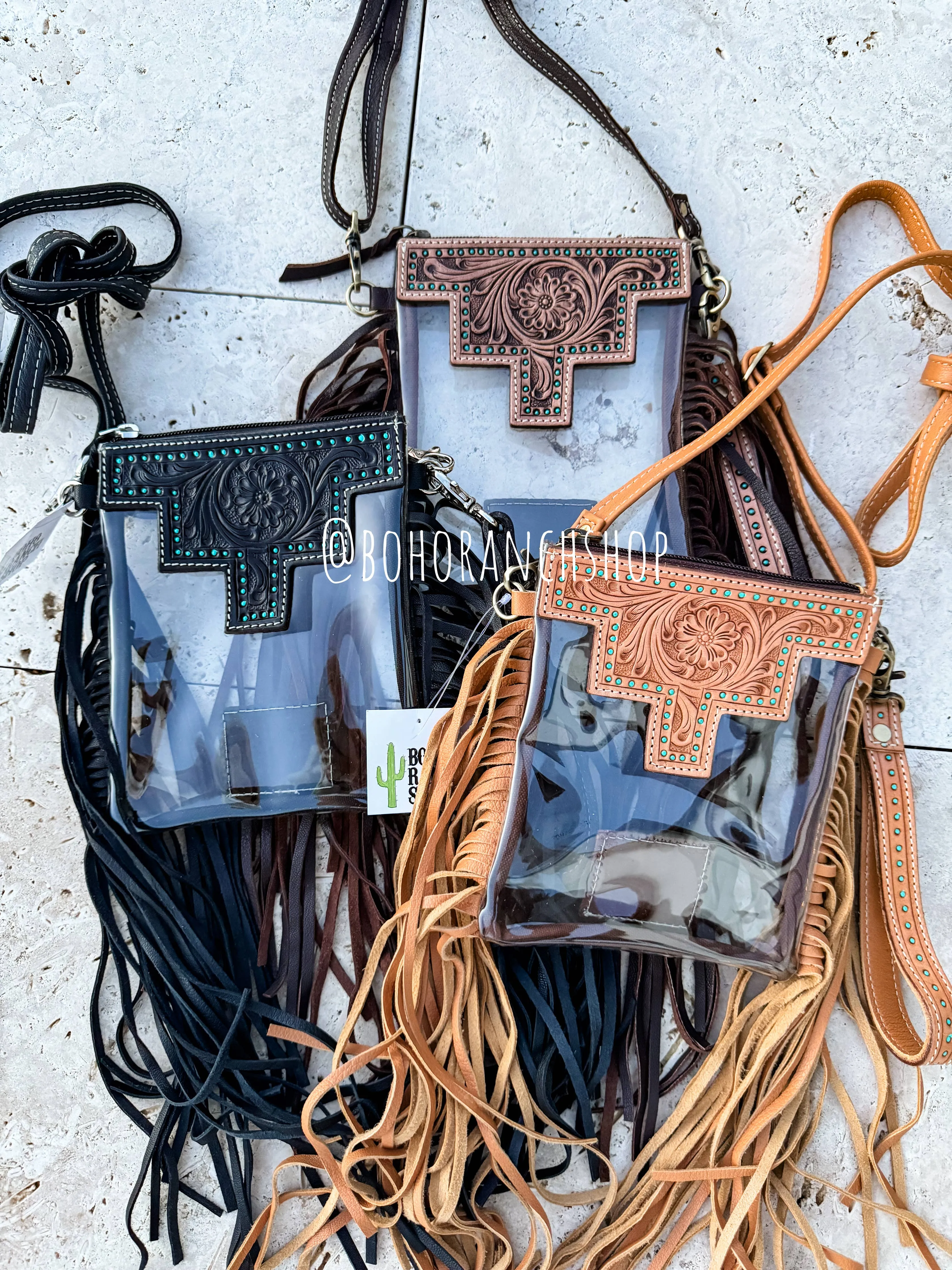 Hand Tooled Clear Crossbody Concert, Festival, Game Day Bag (2 Colors)