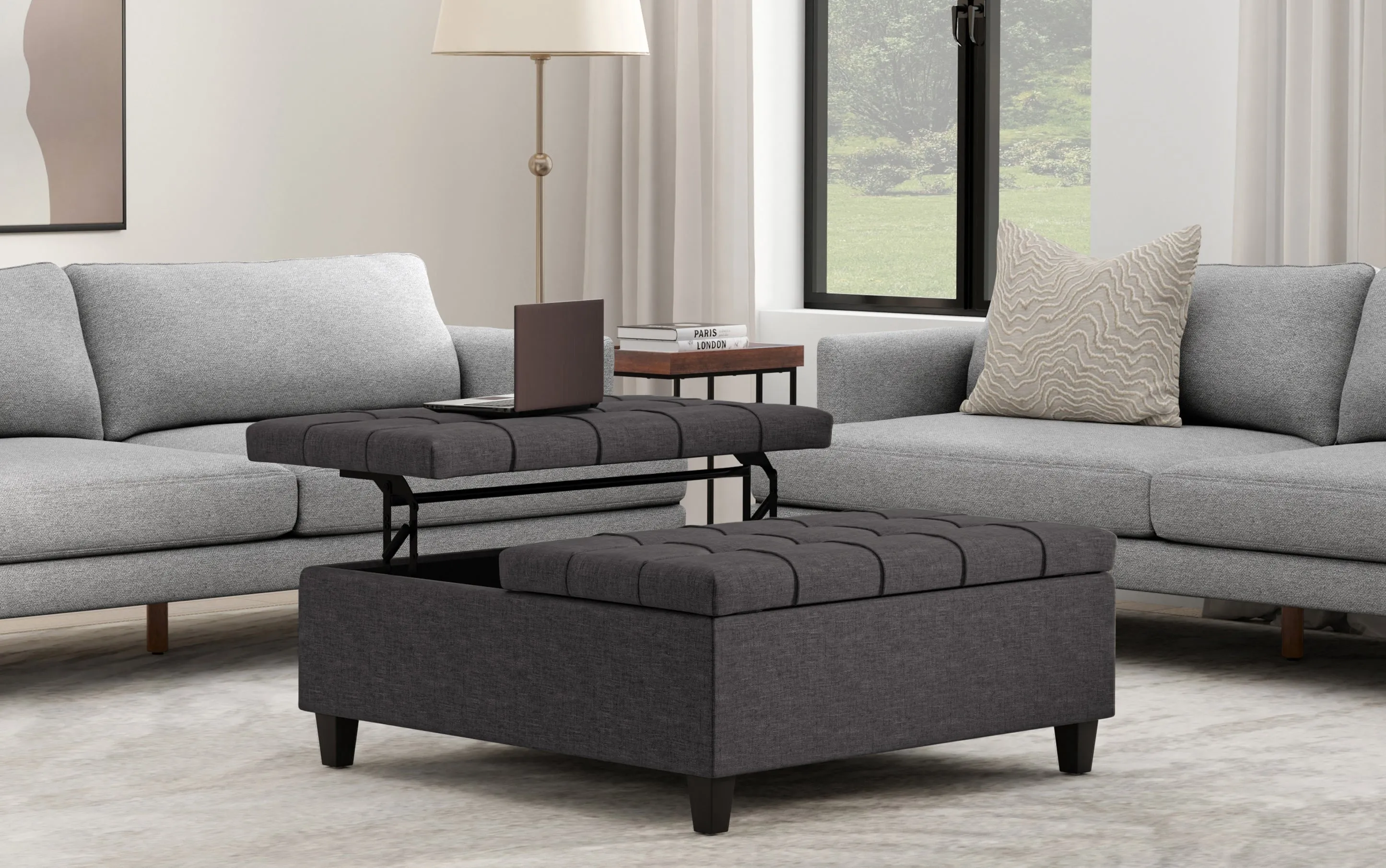 Harrison Large Square Coffee Table Storage Ottoman in Linen