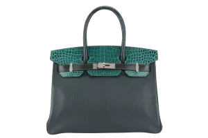 HERMES BIRKIN 30 PATCHWORK EMERALD GREEN, VERT TITIEN, VERT FONCE, MALACHITE, ROSE AZALEE INTERIOR, SILVER HARDWARE POROSUS, EPSOM, CHEVRE, CLEMENCE, BOX WITH DUST COVER
