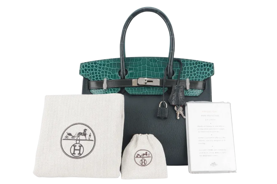 HERMES BIRKIN 30 PATCHWORK EMERALD GREEN, VERT TITIEN, VERT FONCE, MALACHITE, ROSE AZALEE INTERIOR, SILVER HARDWARE POROSUS, EPSOM, CHEVRE, CLEMENCE, BOX WITH DUST COVER