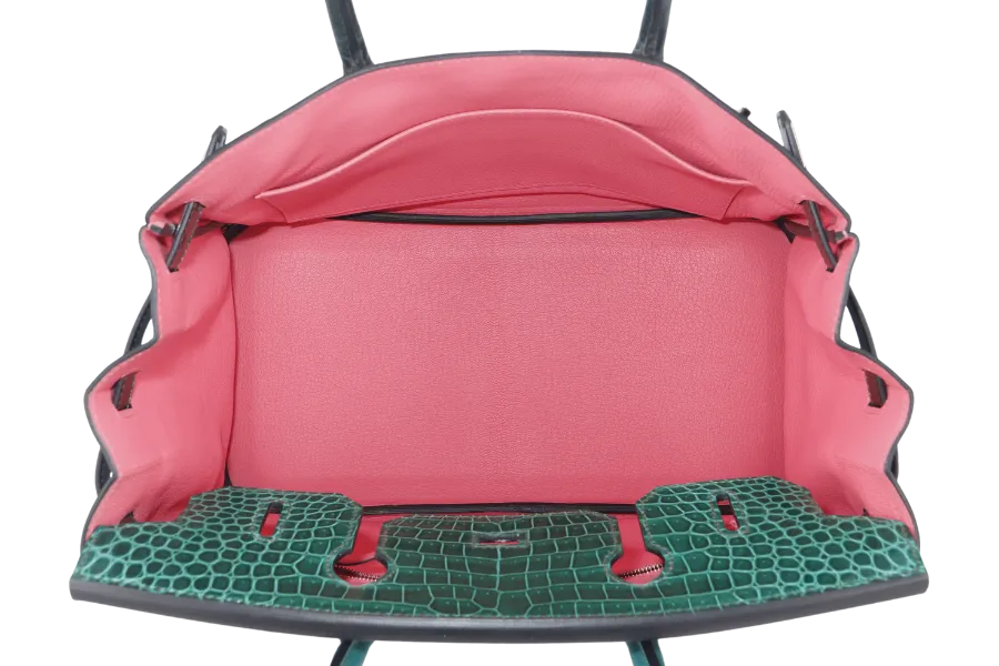 HERMES BIRKIN 30 PATCHWORK EMERALD GREEN, VERT TITIEN, VERT FONCE, MALACHITE, ROSE AZALEE INTERIOR, SILVER HARDWARE POROSUS, EPSOM, CHEVRE, CLEMENCE, BOX WITH DUST COVER