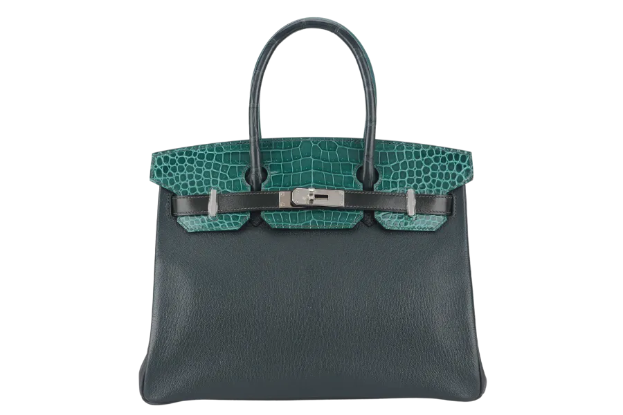HERMES BIRKIN 30 PATCHWORK EMERALD GREEN, VERT TITIEN, VERT FONCE, MALACHITE, ROSE AZALEE INTERIOR, SILVER HARDWARE POROSUS, EPSOM, CHEVRE, CLEMENCE, BOX WITH DUST COVER