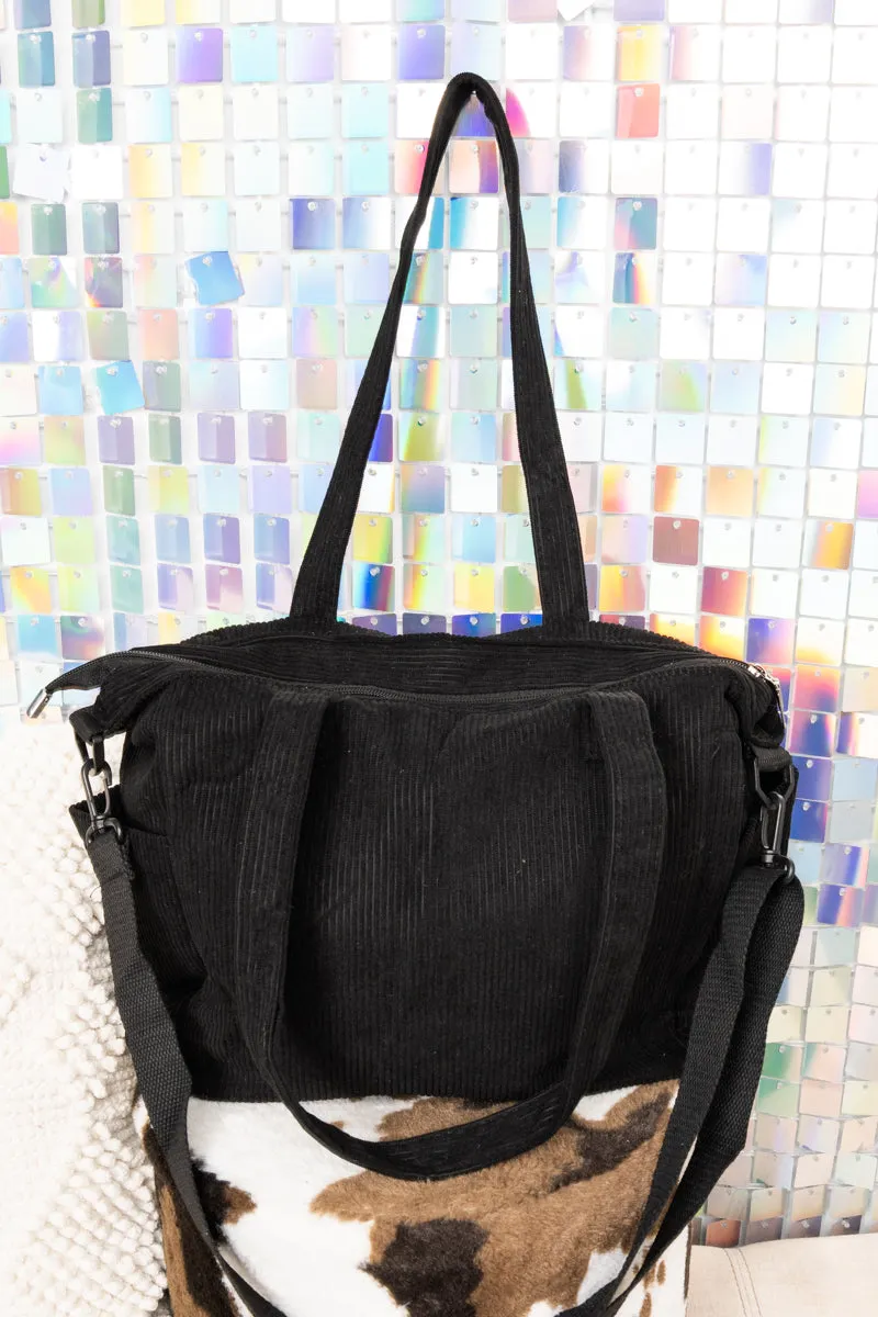 In The Moment Black Corduroy Pocket Tote