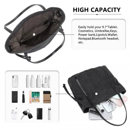 Kono Large Capacity Canvas & Leather Fusion Shoulder Tote Bag - Black