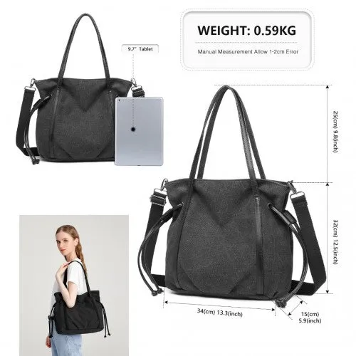 Kono Large Capacity Canvas & Leather Fusion Shoulder Tote Bag - Black