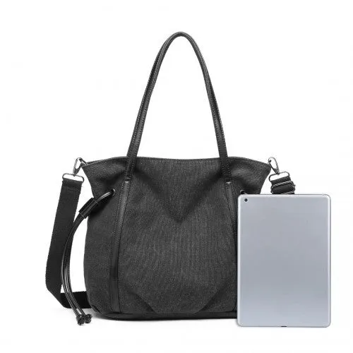 Kono Large Capacity Canvas & Leather Fusion Shoulder Tote Bag - Black
