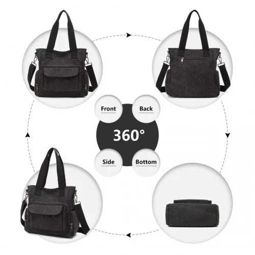Kono Large Capacity Multi Compartment Canvas Crossbody Tote Bag - Black