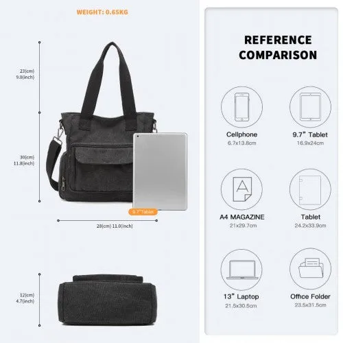 Kono Large Capacity Multi Compartment Canvas Crossbody Tote Bag - Black