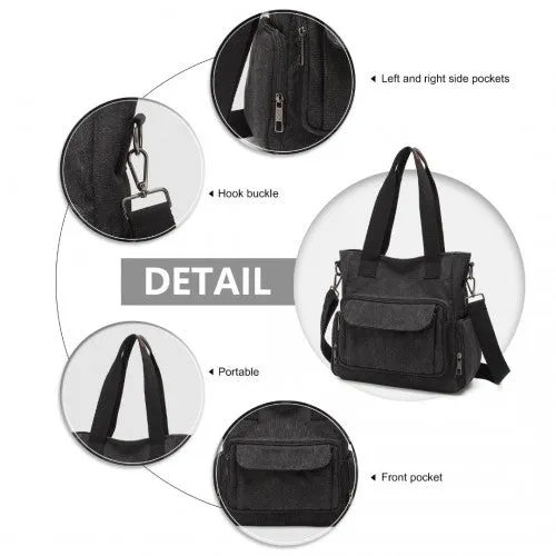 Kono Large Capacity Multi Compartment Canvas Crossbody Tote Bag - Black