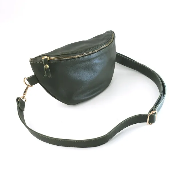 Leather bum bag strap - Olive with gold fittings