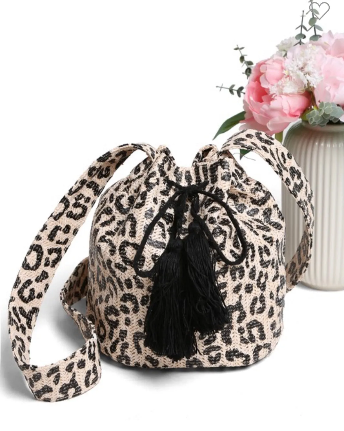 Leopard Straw Crossbody Bucket Bag
