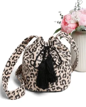 Leopard Straw Crossbody Bucket Bag