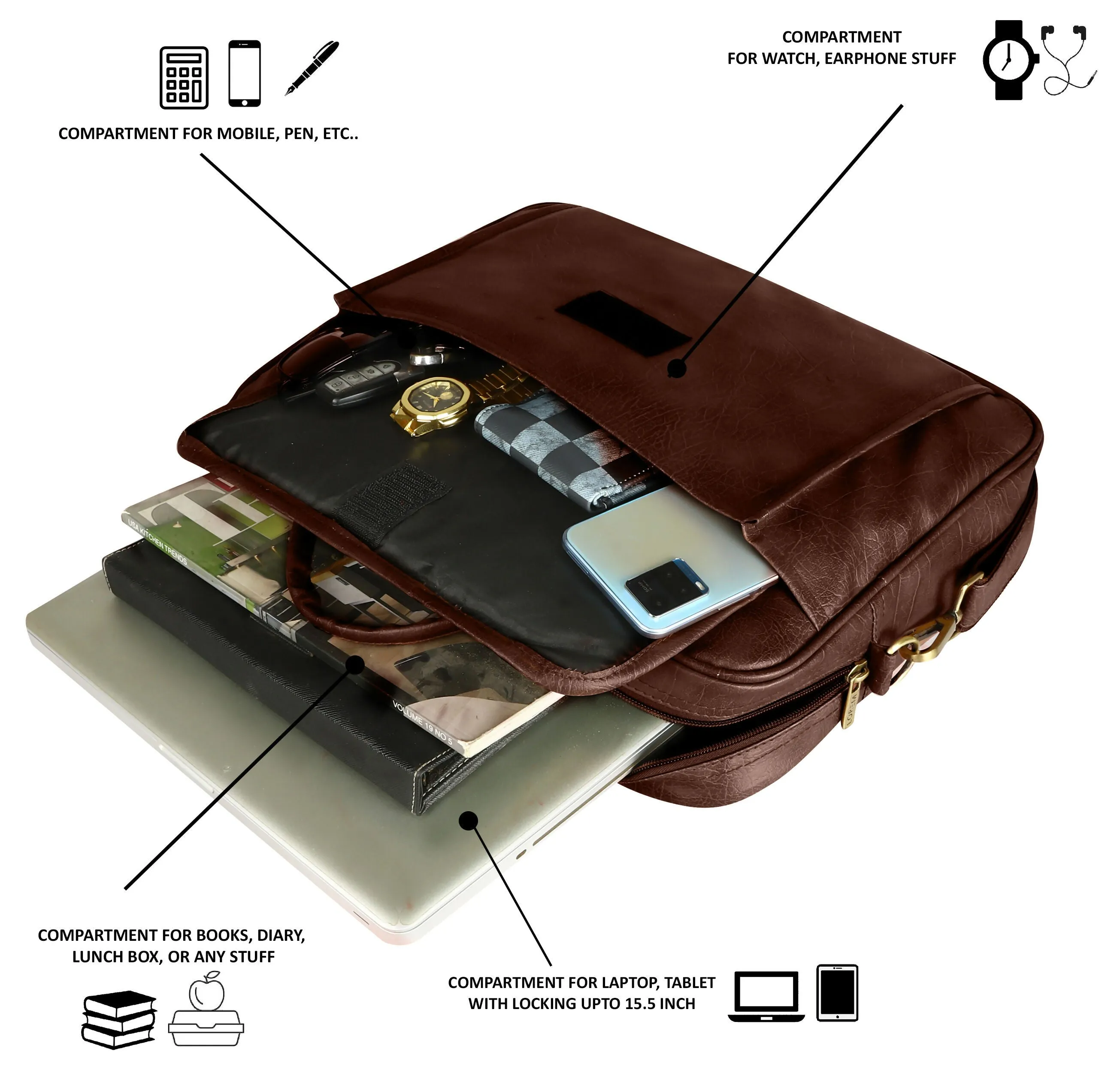 LOREM Faux Leather Messenger Bag for Men – 9.44L Capacity | Fits Up to 15.6” Laptops (Dell, HP, Lenovo, MacBook)