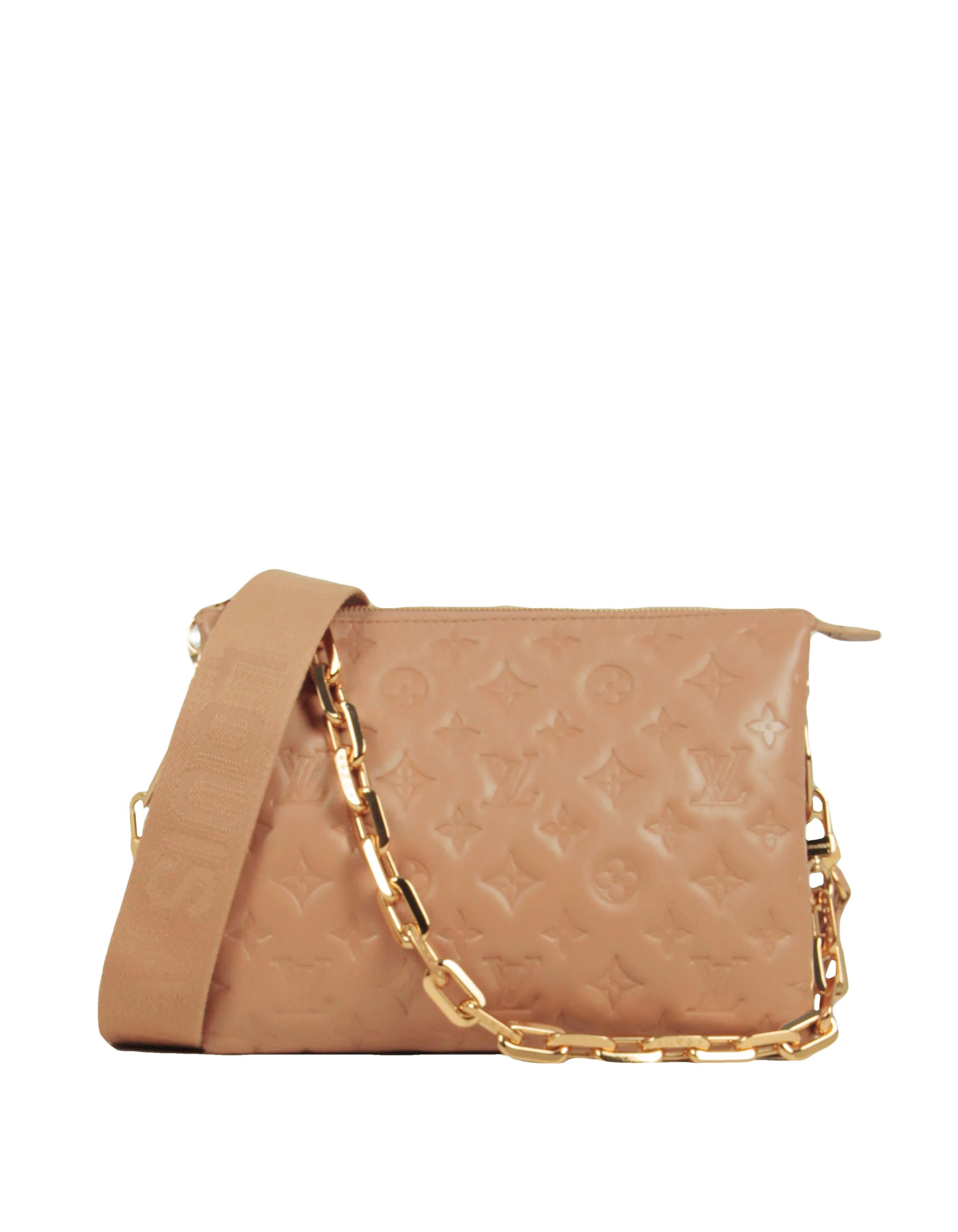 Louis Vuitton Camel Lambskin Leather Embossed Monogram Coussin PM Bag