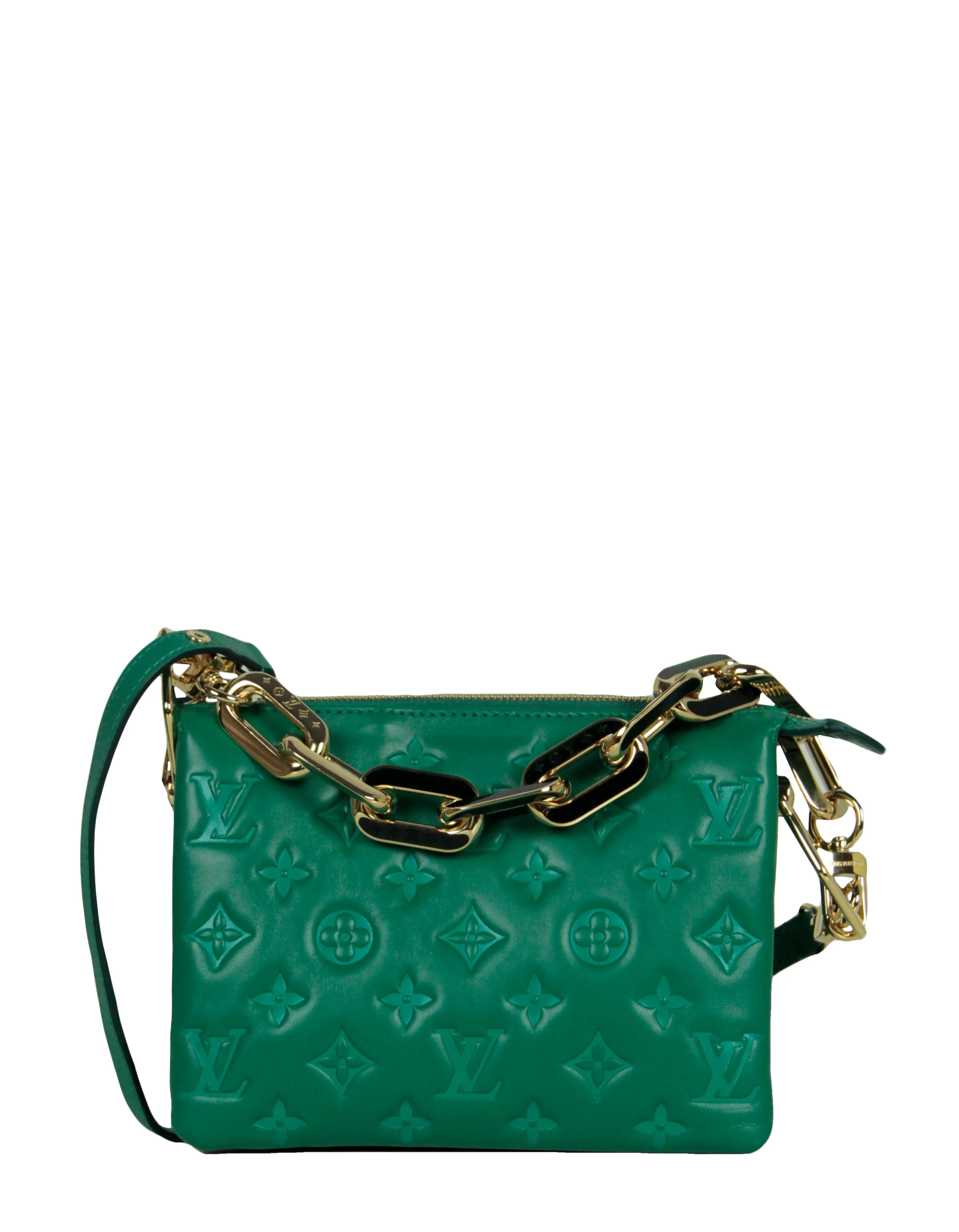 Louis Vuitton Emeraude Green Lambskin Embossed Monogram Coussin BB Crossbody Bag