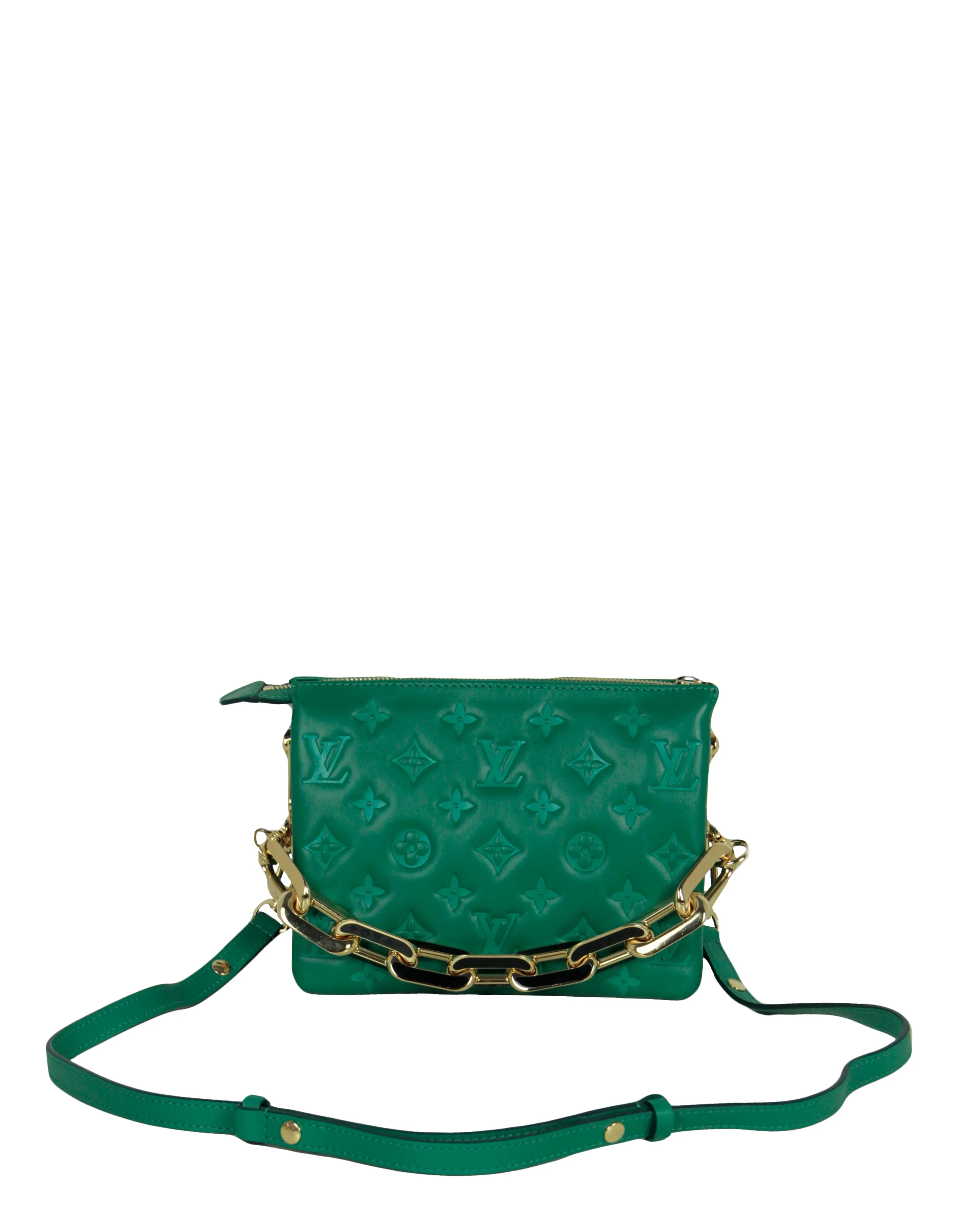 Louis Vuitton Emeraude Green Lambskin Embossed Monogram Coussin BB Crossbody Bag
