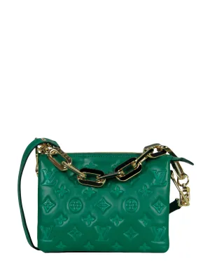 Louis Vuitton Emeraude Green Lambskin Embossed Monogram Coussin BB Crossbody Bag