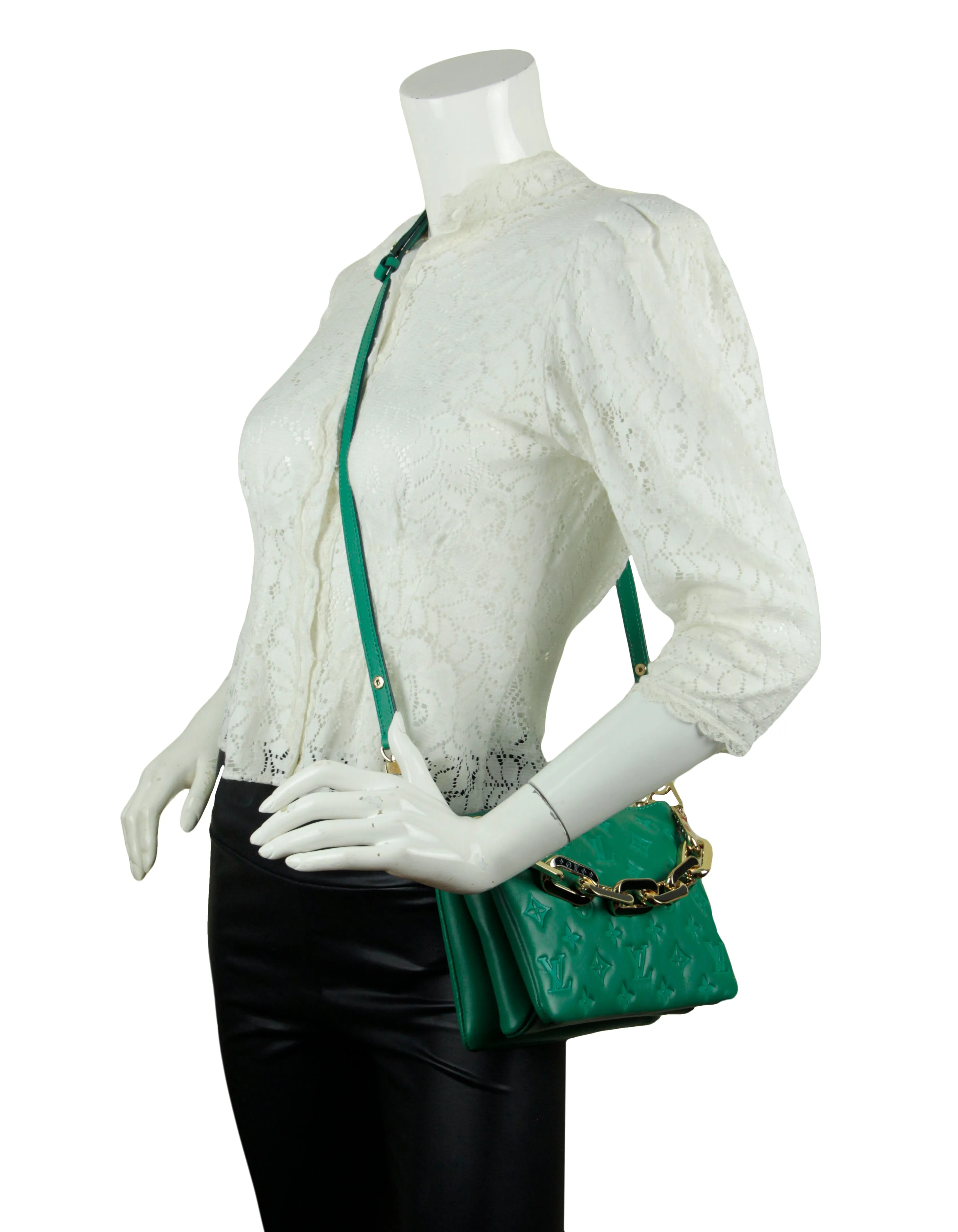 Louis Vuitton Emeraude Green Lambskin Embossed Monogram Coussin BB Crossbody Bag