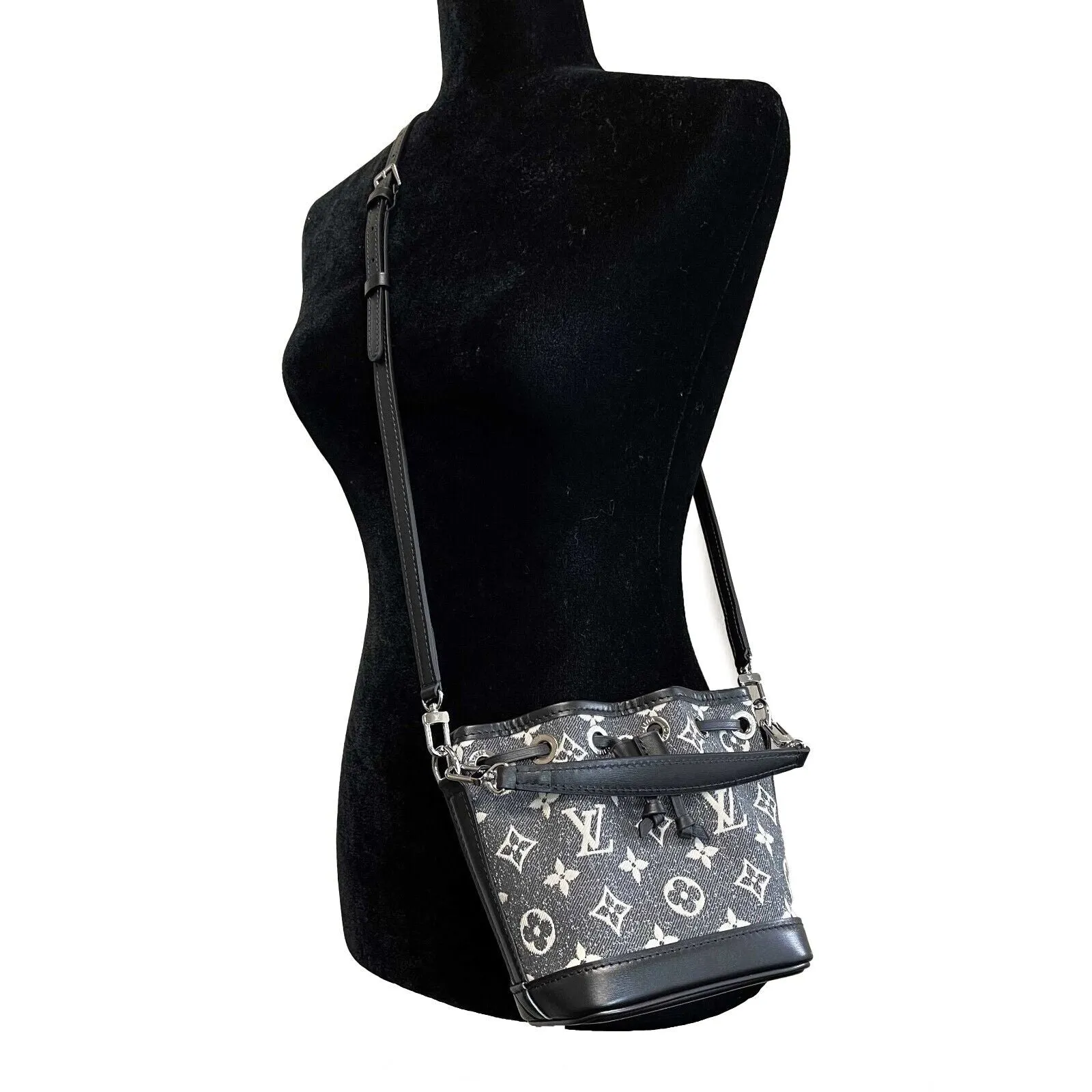 Louis Vuitton Monogram Jacquard Denim Nano Noe Gray Black Crossbody Bag NEW