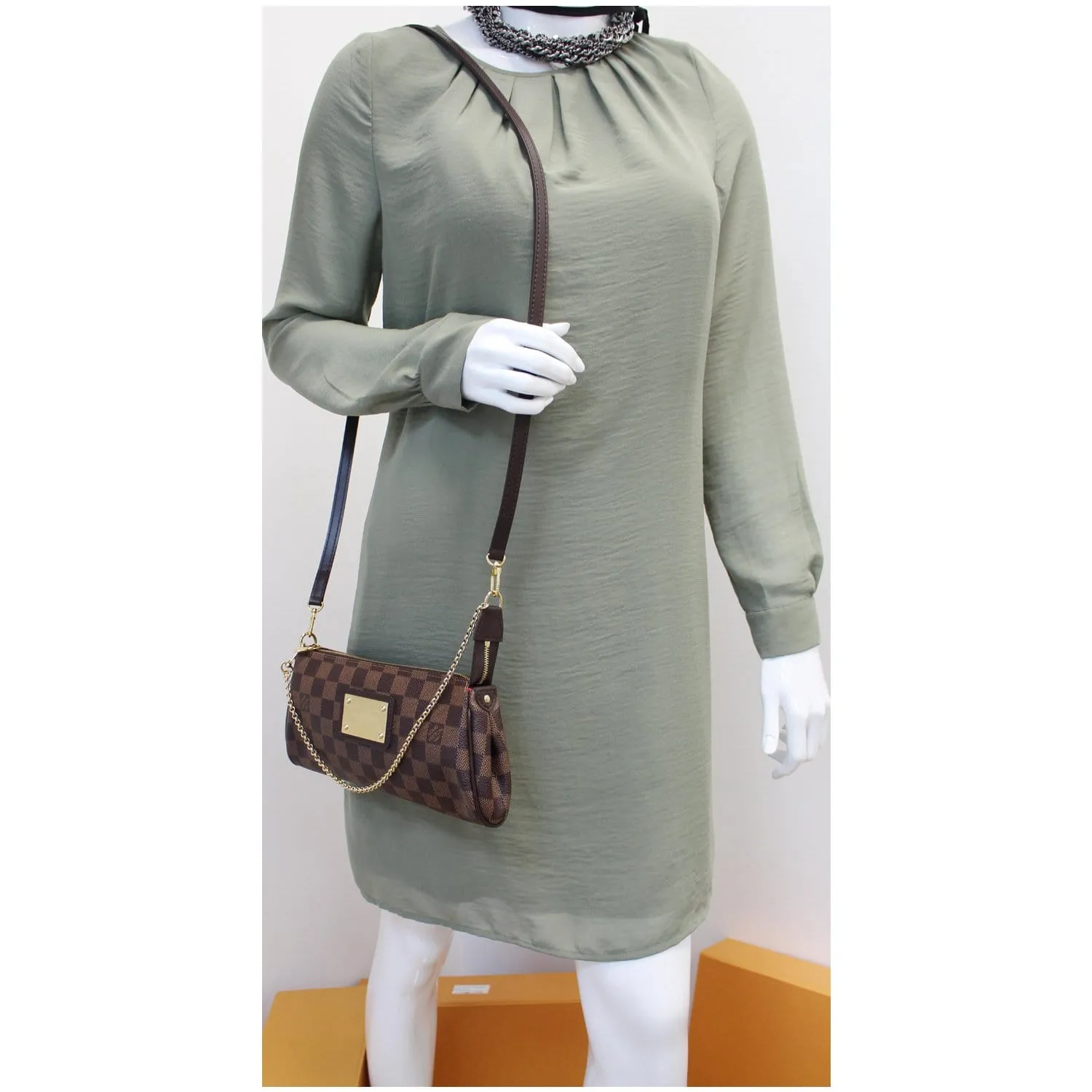 LOUIS VUITTON Pochette Eva Damier Ebene Clutch Crossbody Bag Brown