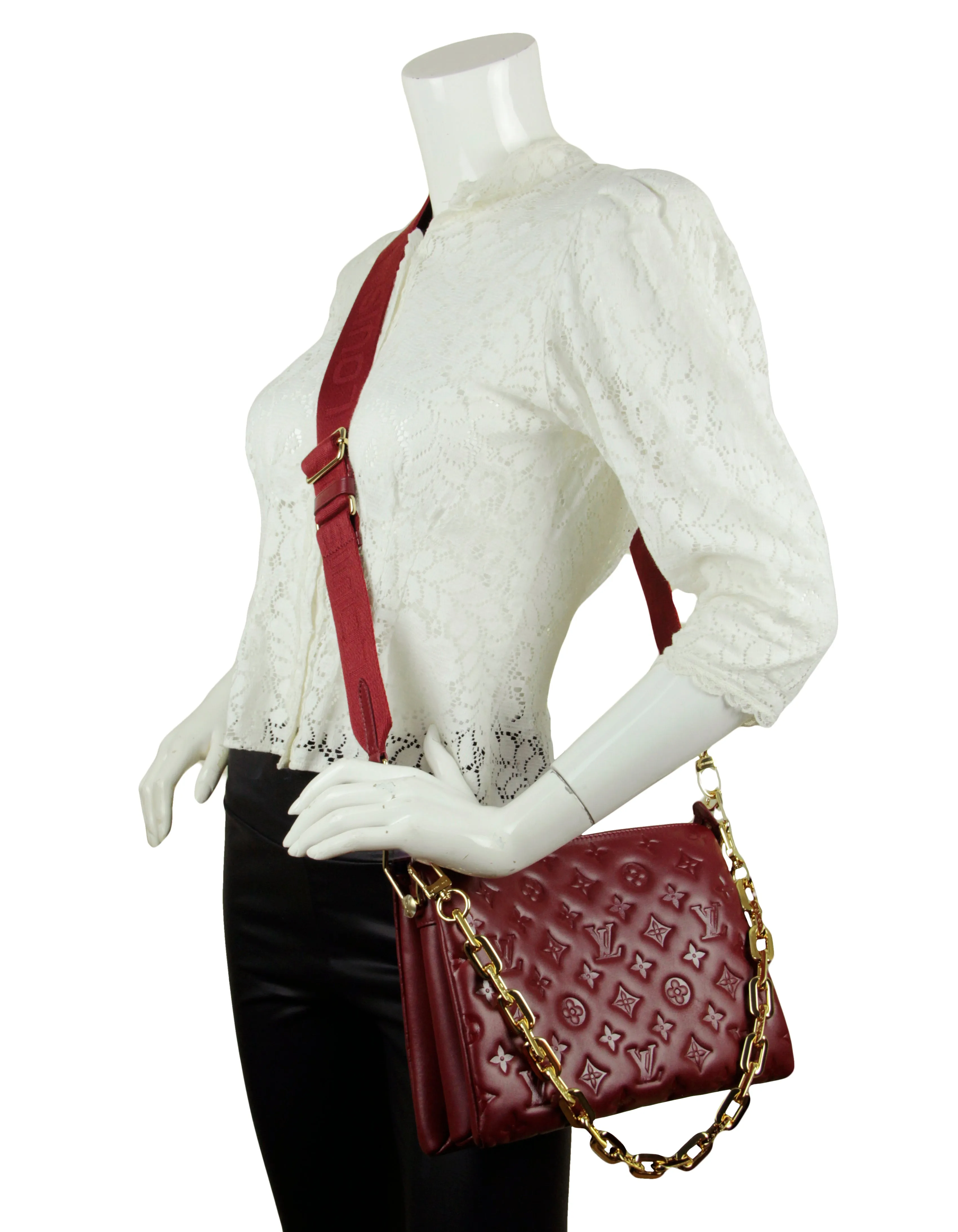 Louis Vuitton Wine Lambskin Leather Embossed Monogram Coussin PM Bag