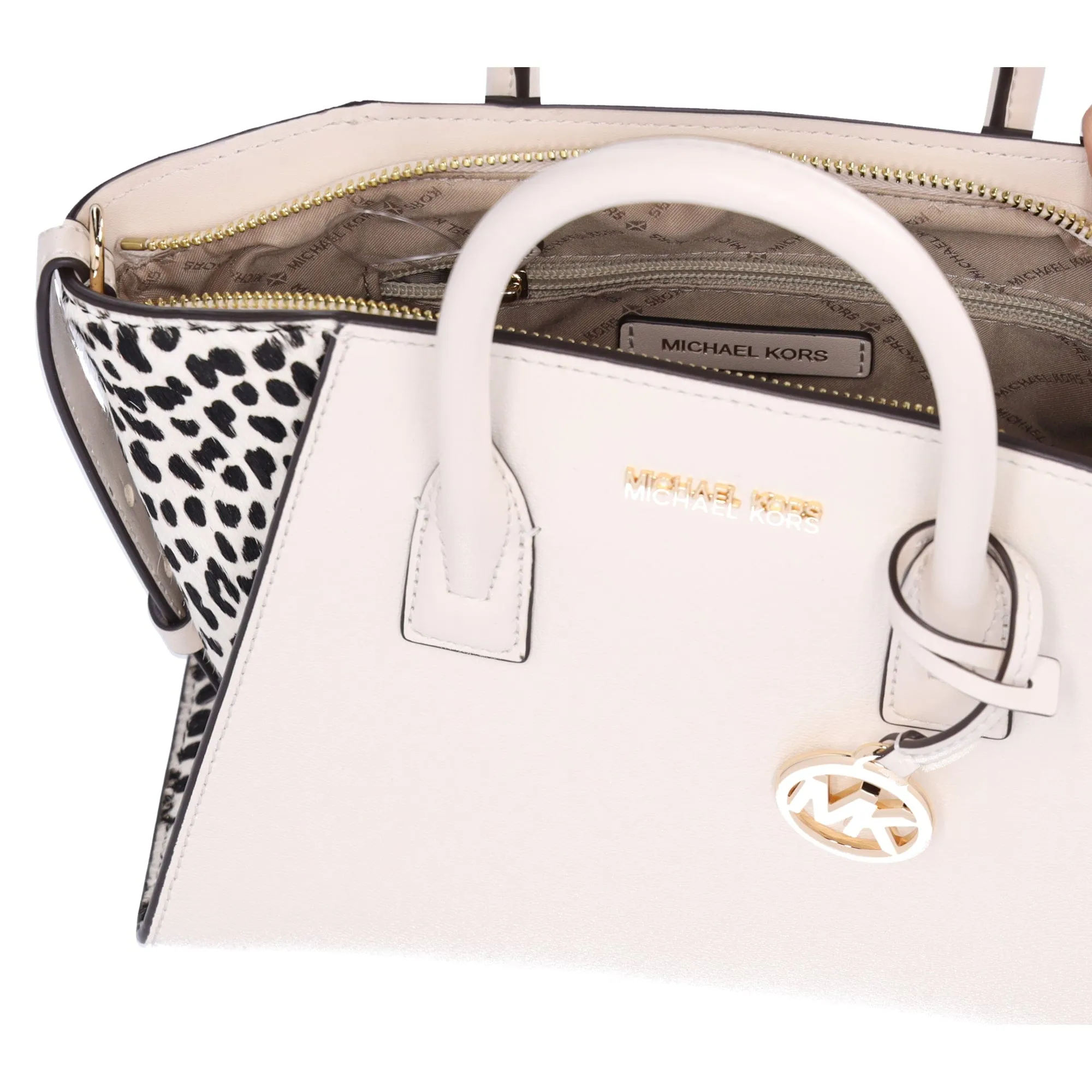 Michael Kors Avril Small Leather Cheetah Print Calf Hair Satchel Light Cream