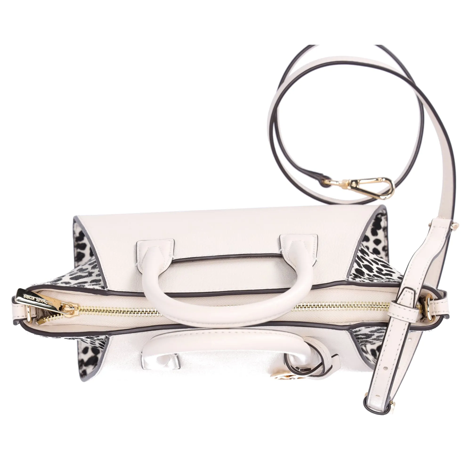 Michael Kors Avril Small Leather Cheetah Print Calf Hair Satchel Light Cream
