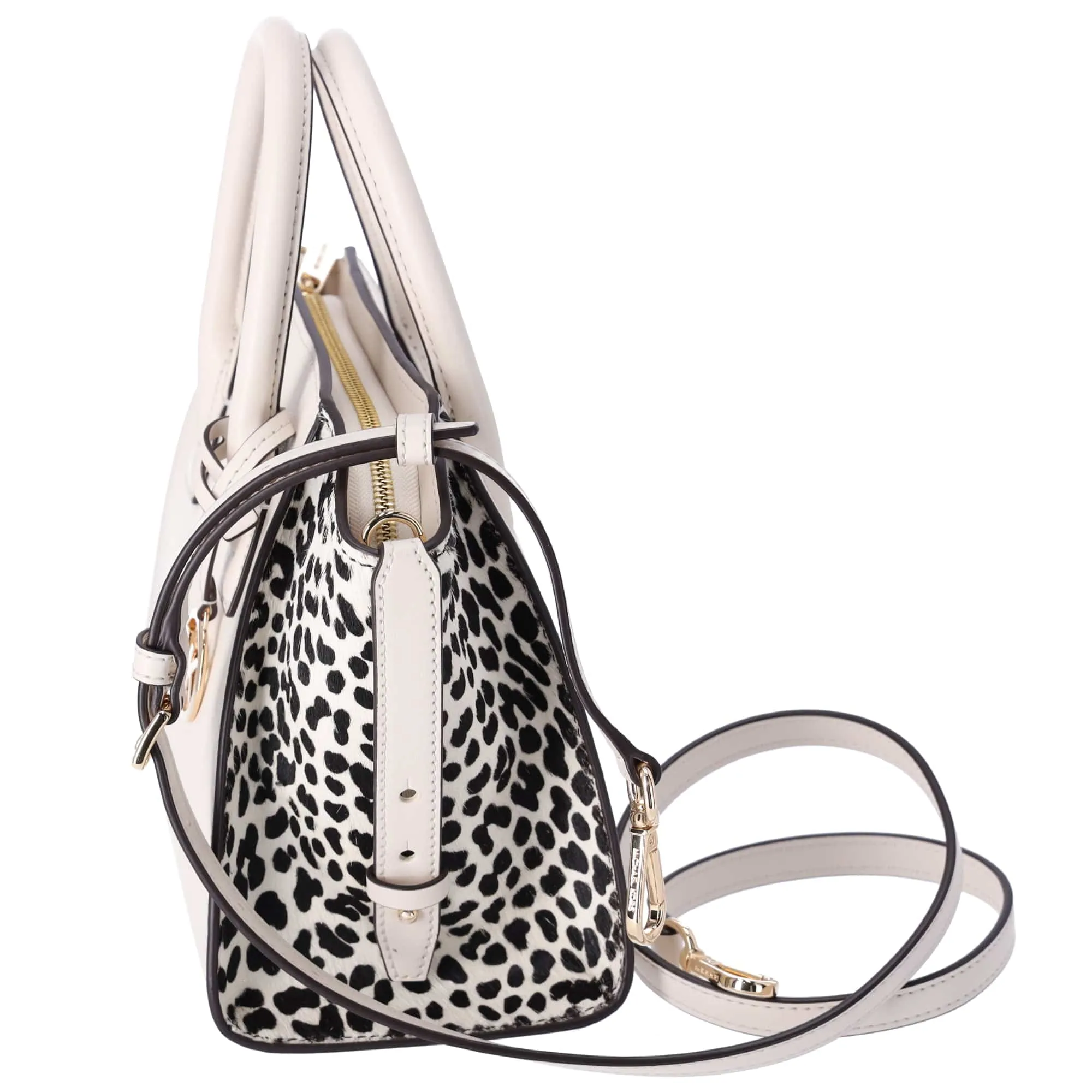 Michael Kors Avril Small Leather Cheetah Print Calf Hair Satchel Light Cream